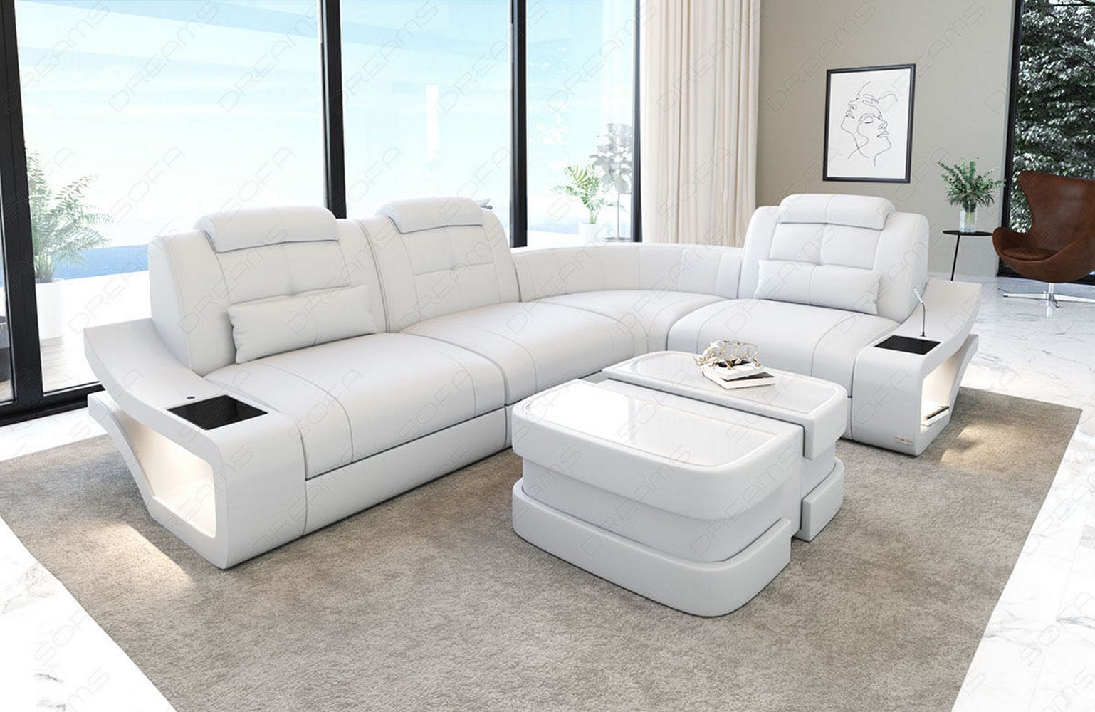 Mini Couch Elena L-Form in Leder Weiß