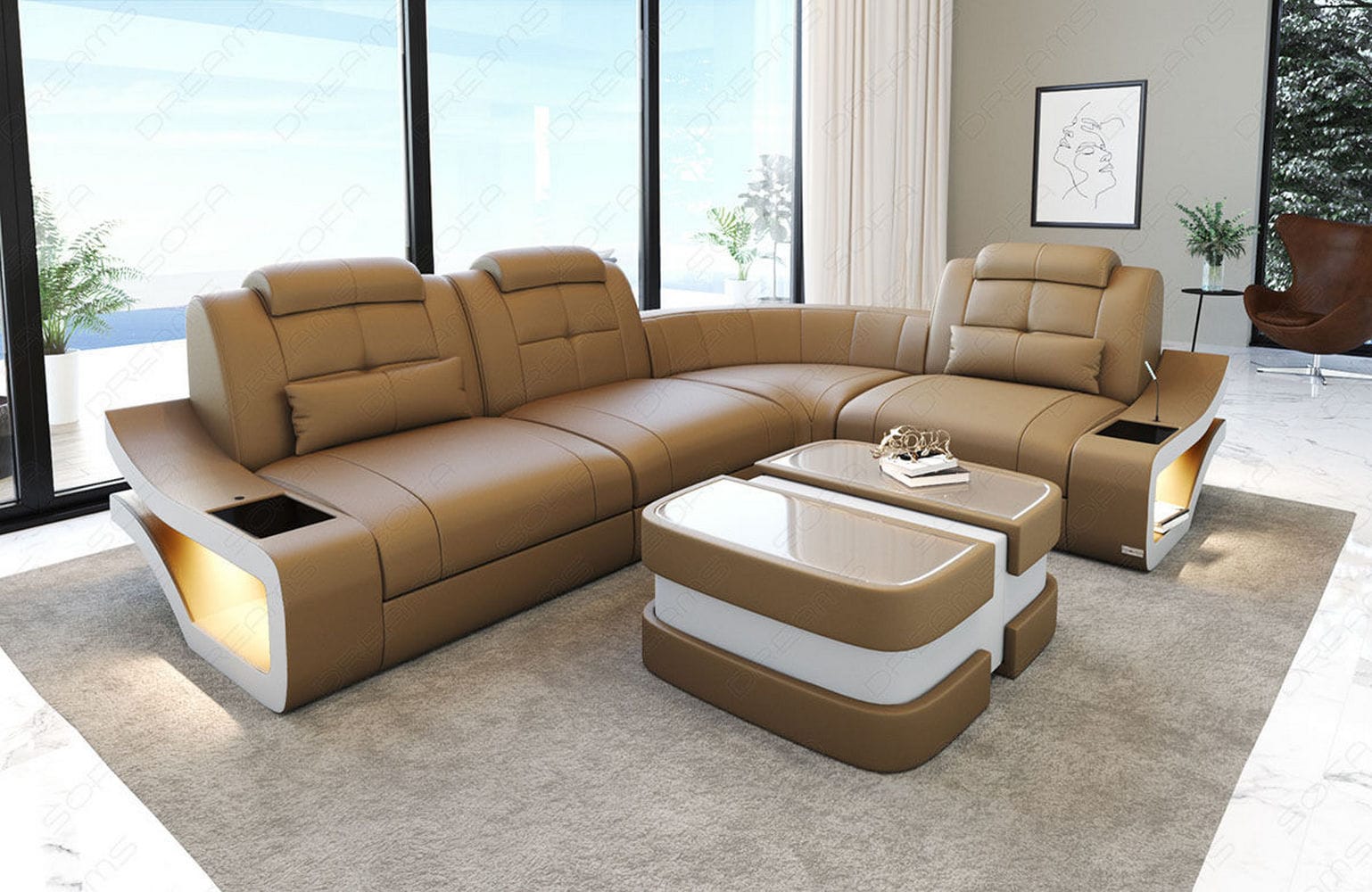 Mini Ecksofa Elena – Komfortabel und aus Leder Sandbeige-Weiß