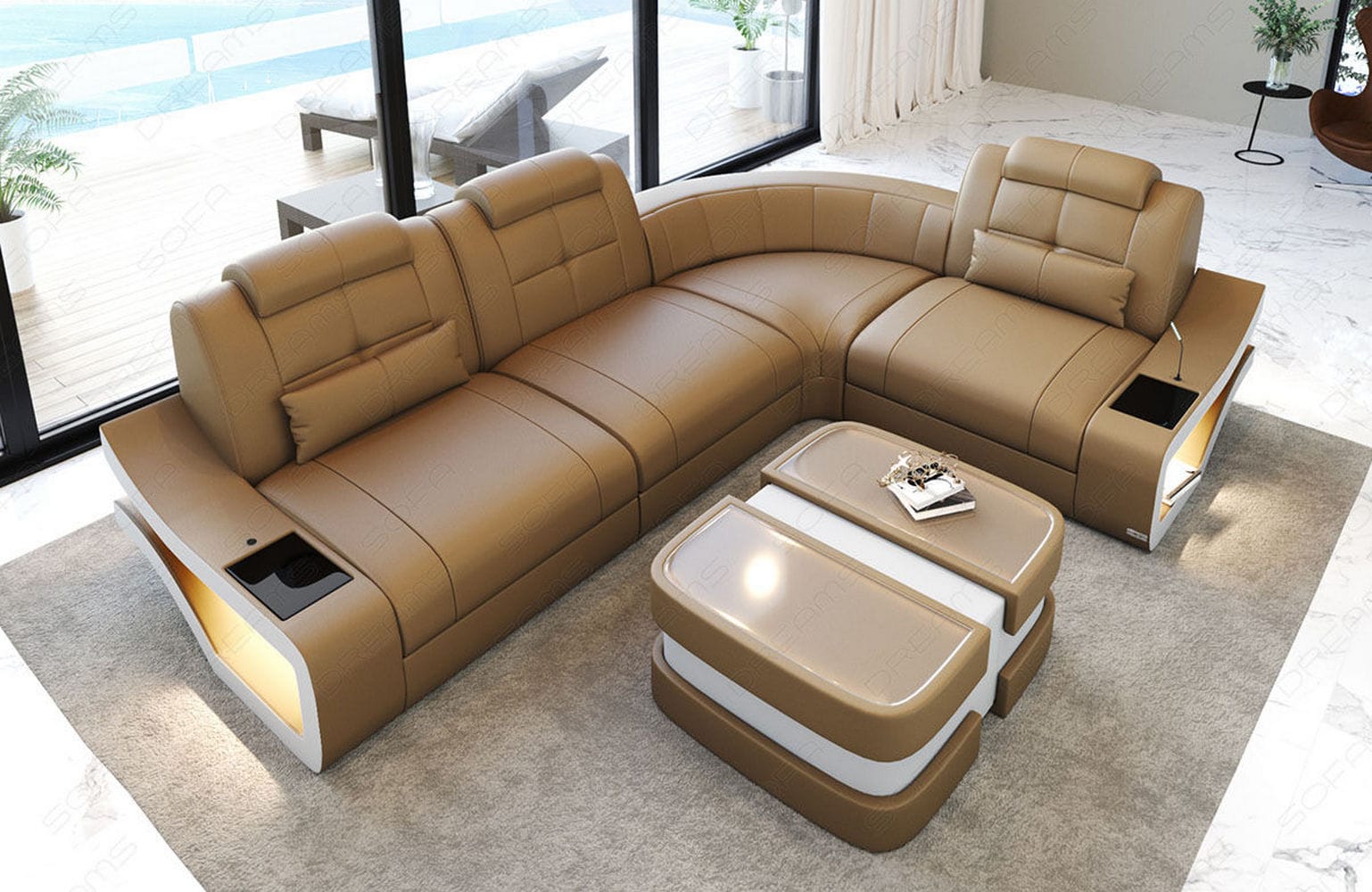 Mini Ecksofa Elena – Komfortabel und aus Leder Sandbeige-Weiß