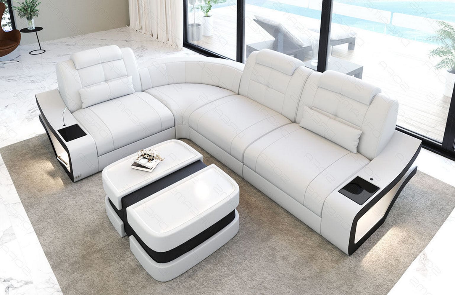 Mini Couch Elena L Form Leder weiß-schwarz