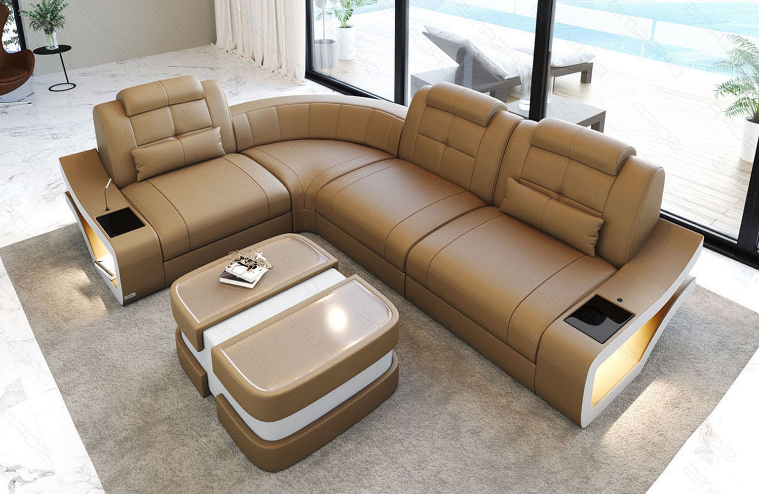 Mini Couch Elena L-Form Leder sandbeige-weiß
