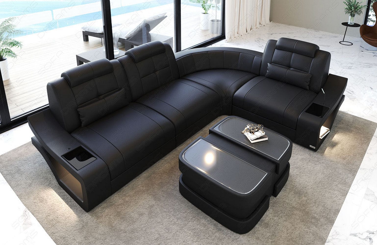 Mini Couch Elena L-Form in Leder Schwarz