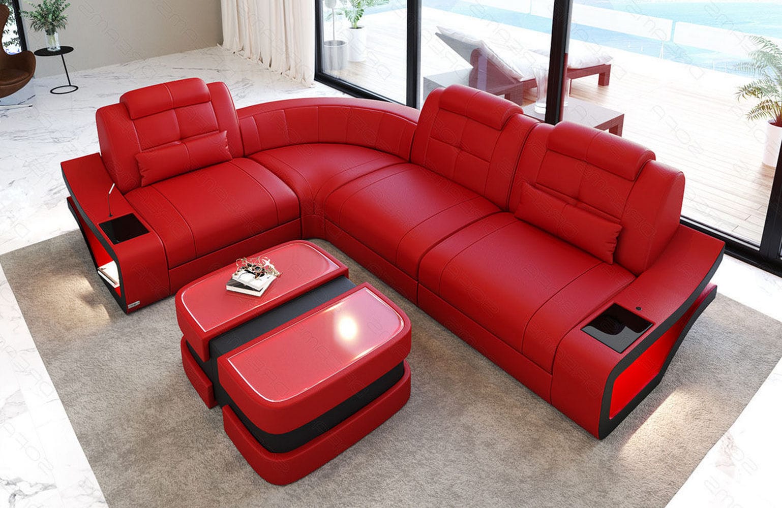 Mini Ecksofa Elena – Komfortabel und aus Leder Rot-Schwarz