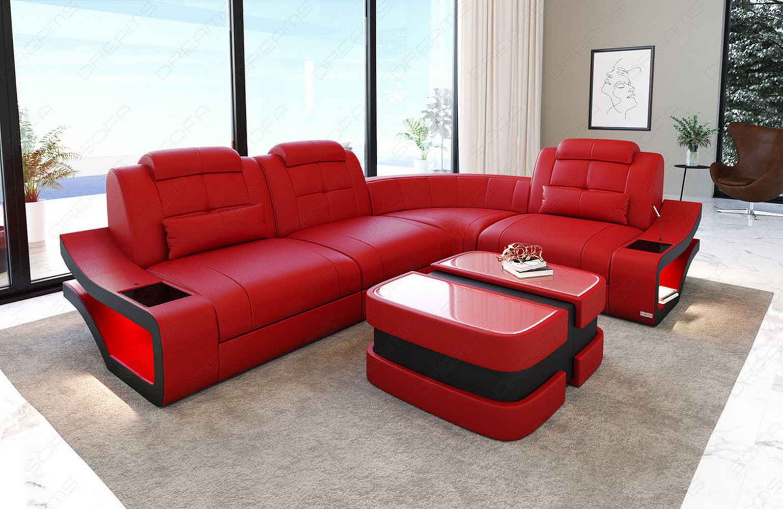 Ecksofa Elena Leder – Eleganz & Komfort rot-schwarz