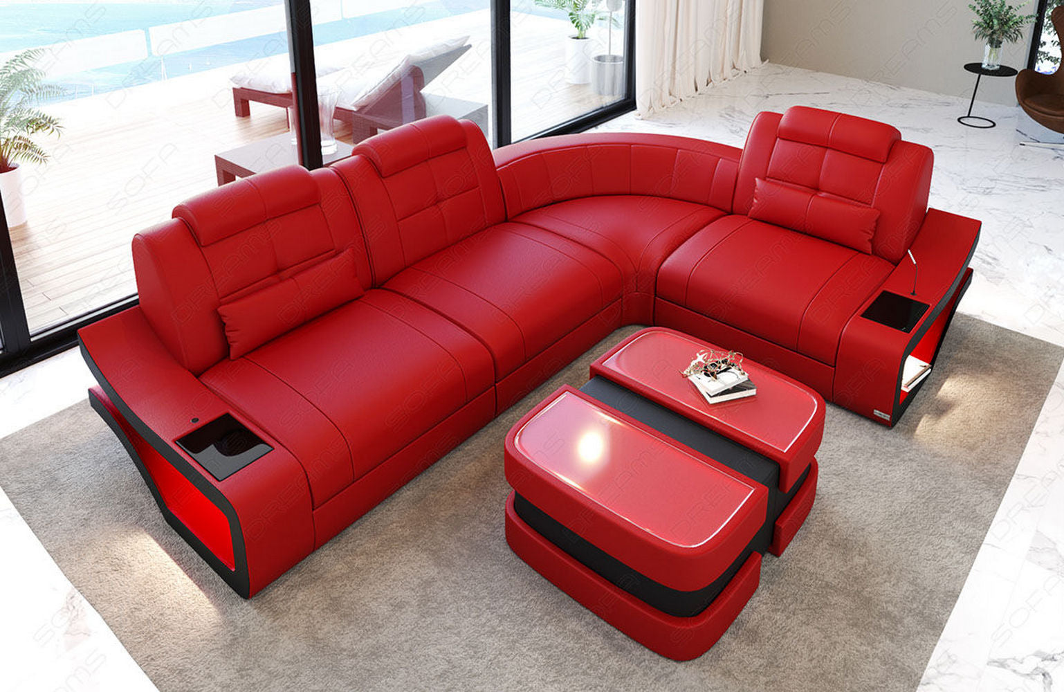 Ecksofa Elena Leder – Eleganz & Komfort rot-schwarz