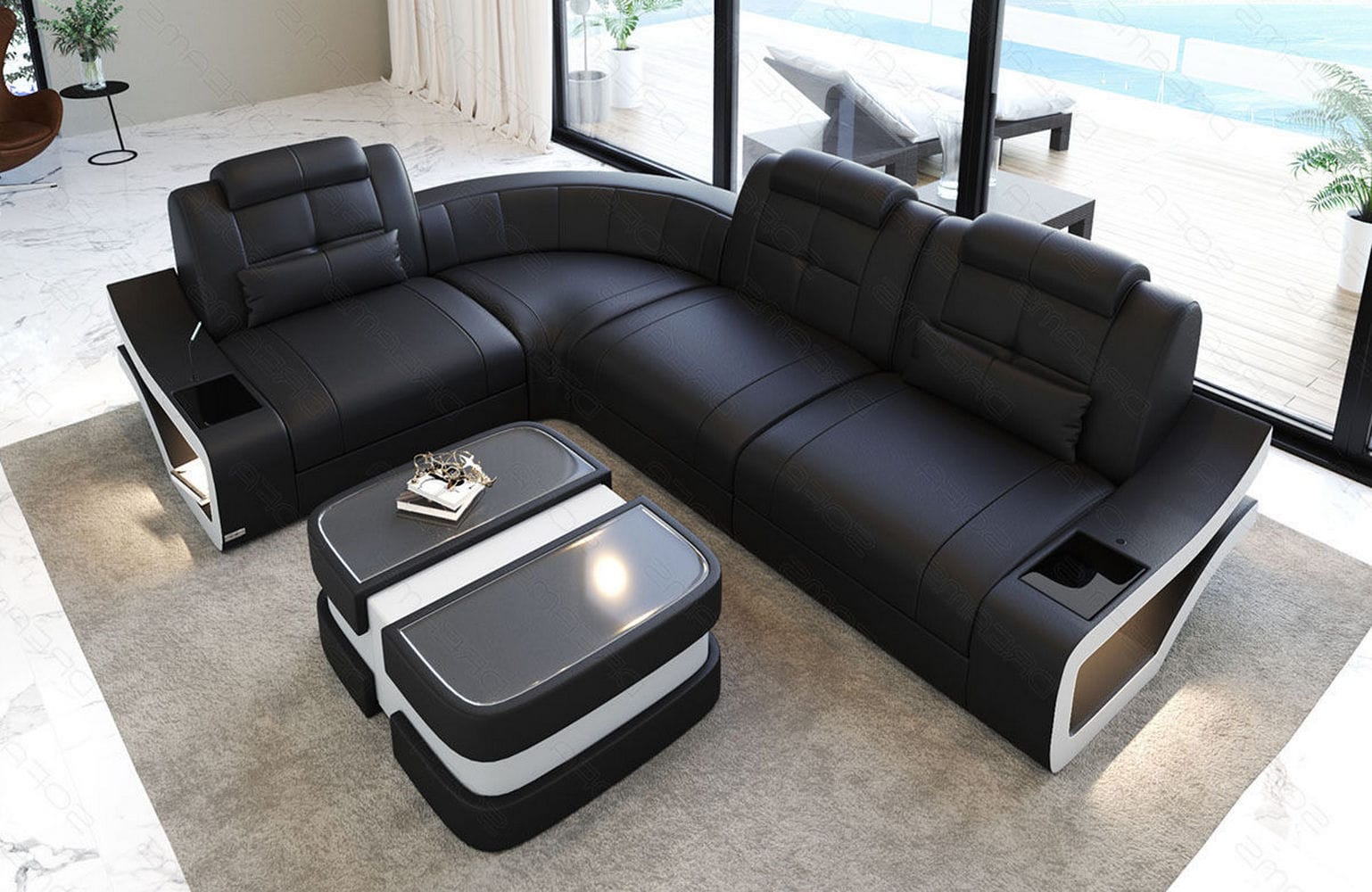 Ecksofa Elena Eleganz L-Form aus Leder schwarz-weiß