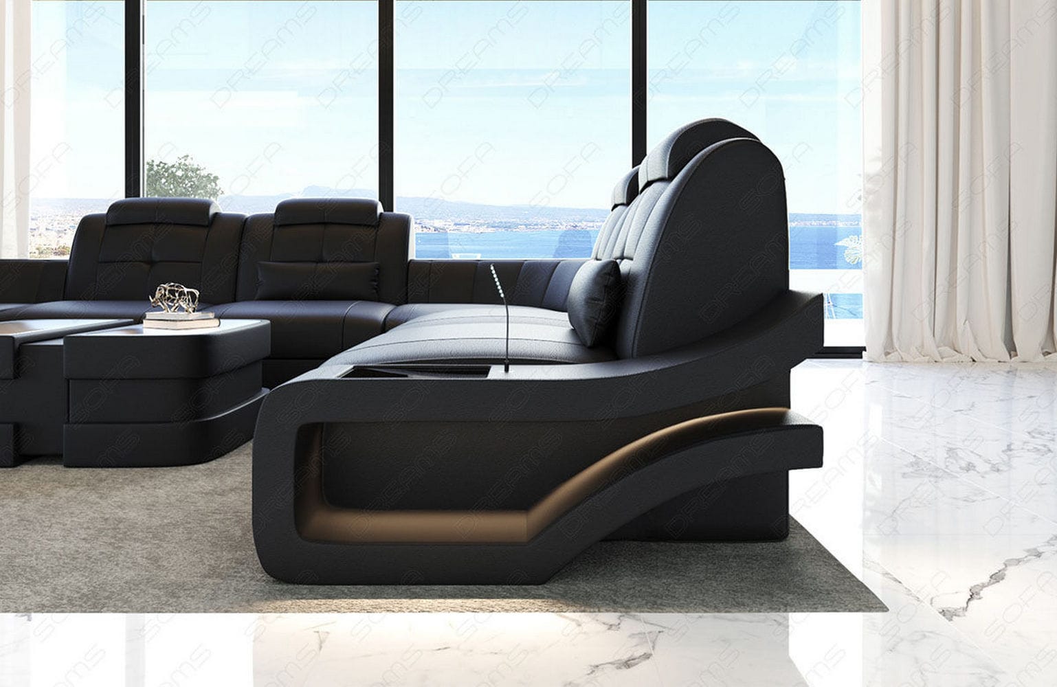 Leder Wohnlandschaft Elena U Form Mini Schwarz
