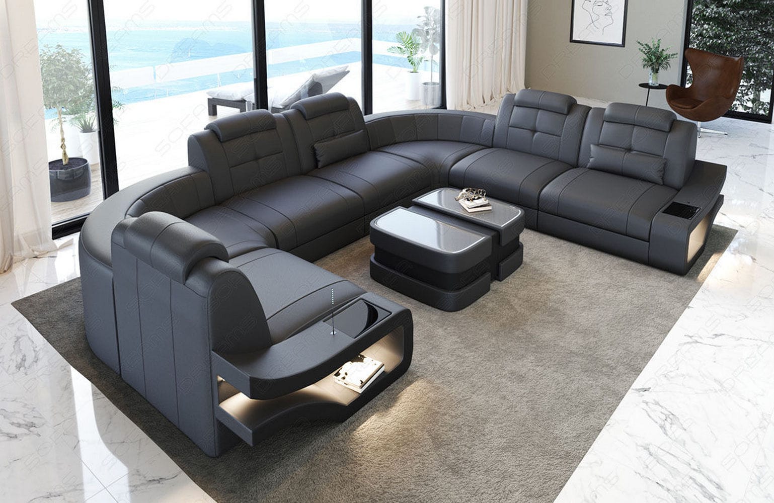 Leder Wohnlandschaft Elena U Form Mini Grau-Schwarz