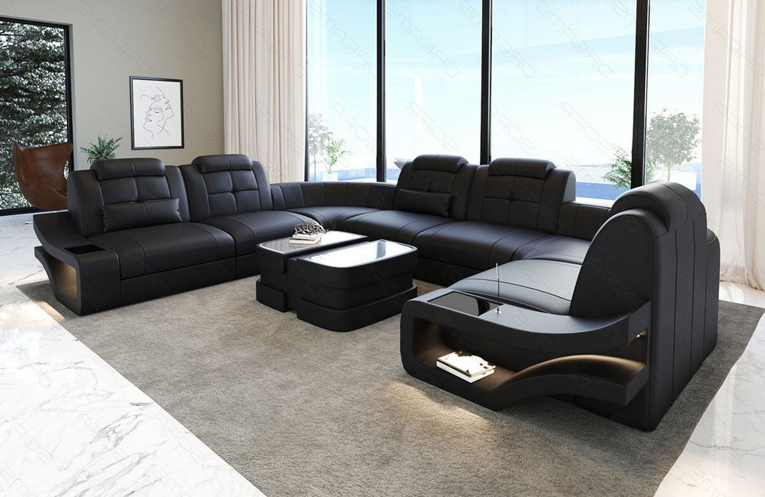 Leder Wohnlandschaft Elena U Form Mini Schwarz