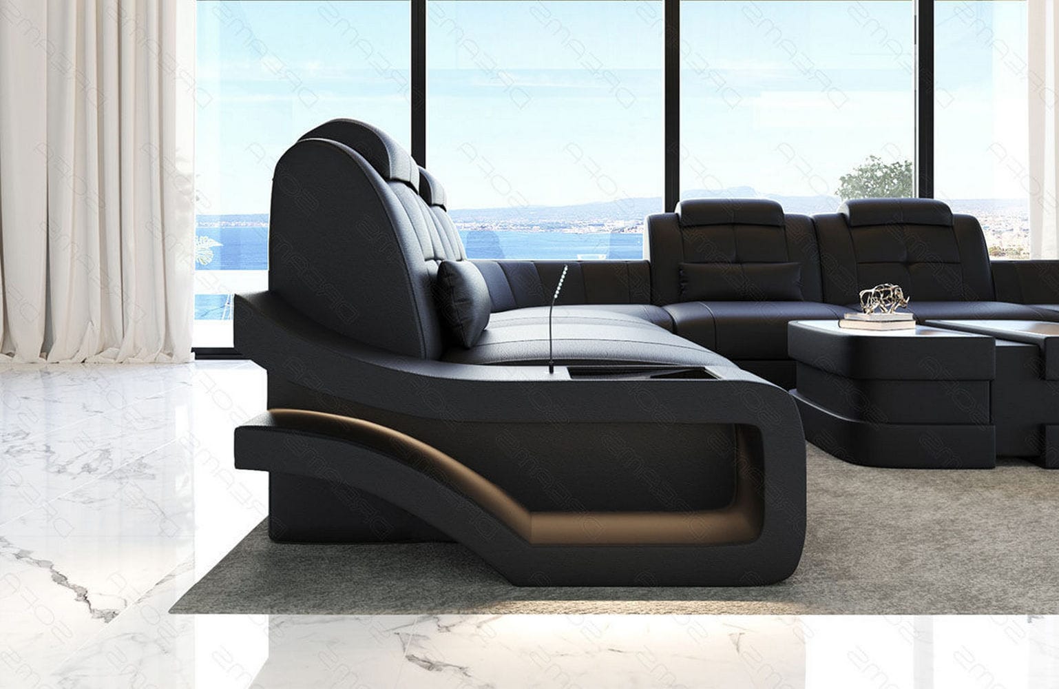 Leder Wohnlandschaft Elena U Form Mini Schwarz