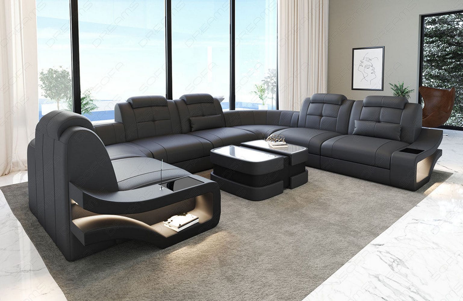 Leder Wohnlandschaft Elena U Form Mini Grau-Schwarz