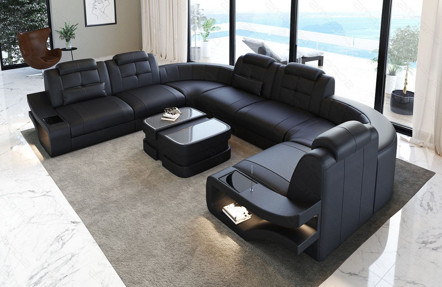 Leder Wohnlandschaft Elena U Form Mini Schwarz