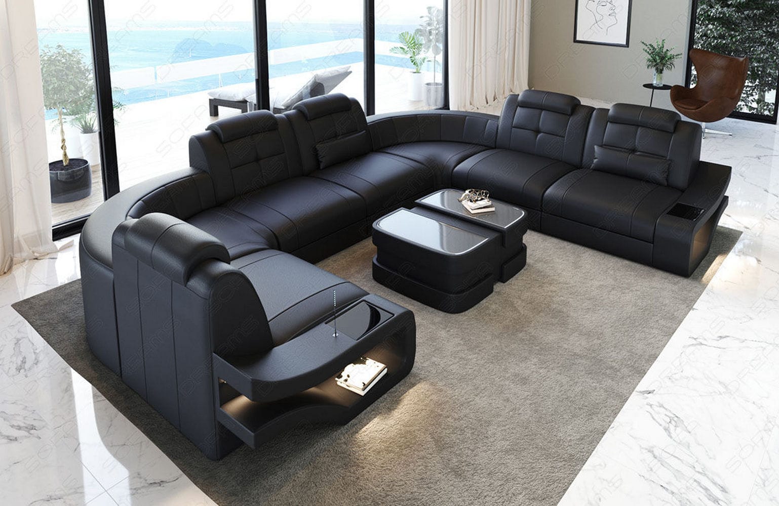 Leder Wohnlandschaft Elena U Form Mini Schwarz