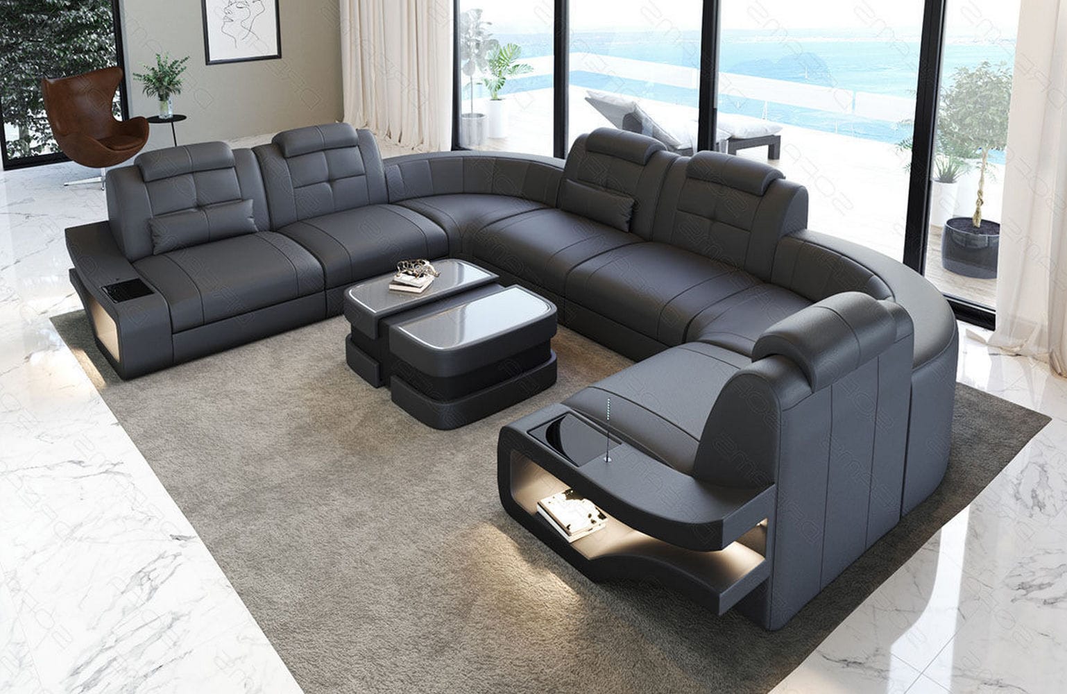 Leder Wohnlandschaft Elena U Form Mini Grau-Schwarz