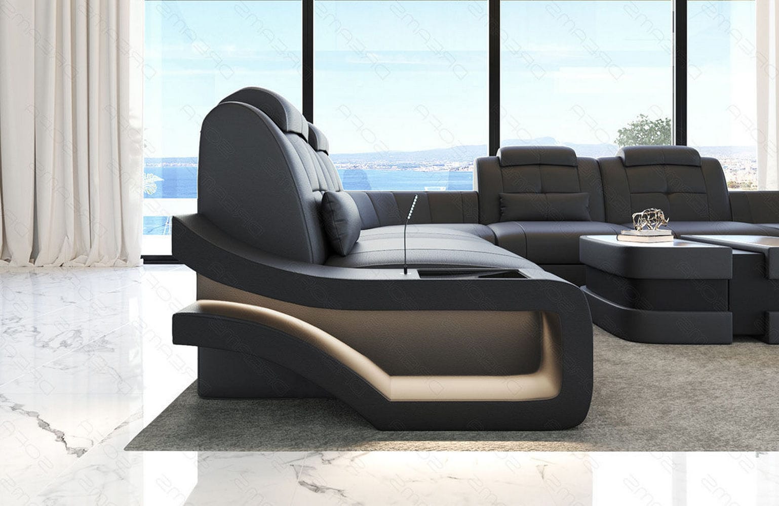 Leder Wohnlandschaft Elena U Form Mini Grau-Schwarz