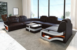 Mini Wohnlandschaft Elena U-Form aus Leder Dunkelbraun-Weiß
