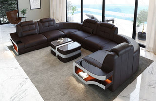 Mini Wohnlandschaft Elena U-Form aus Leder Dunkelbraun-Weiß