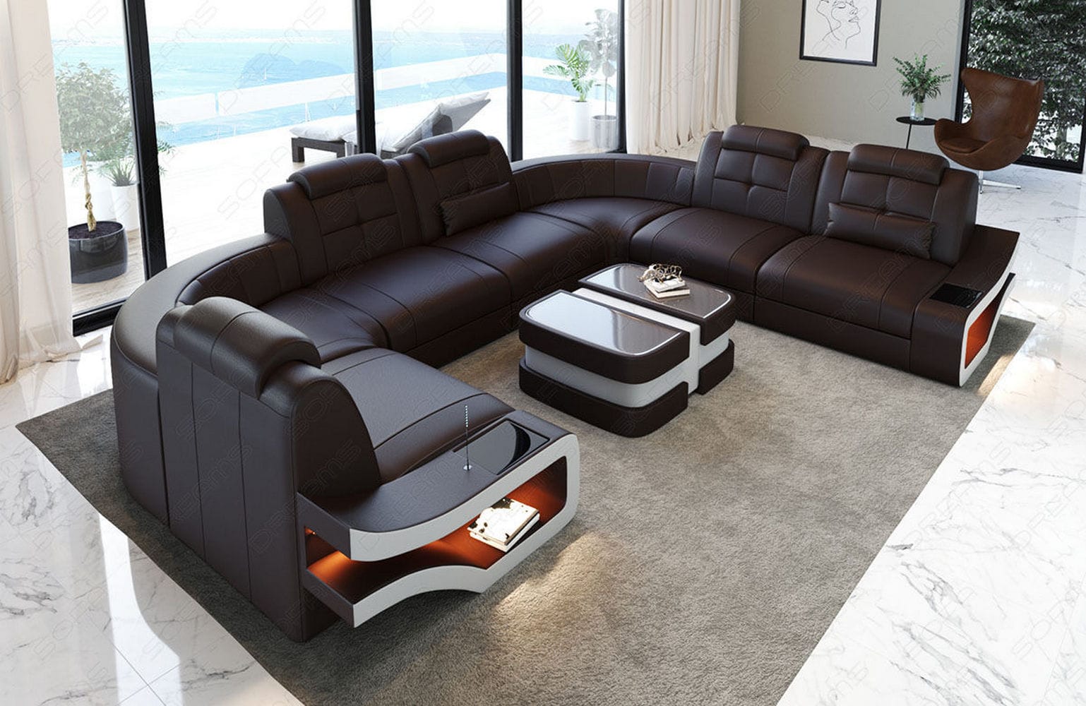 Leder Wohnlandschaft Elena U Form Mini Dunkelbraun-Weiß