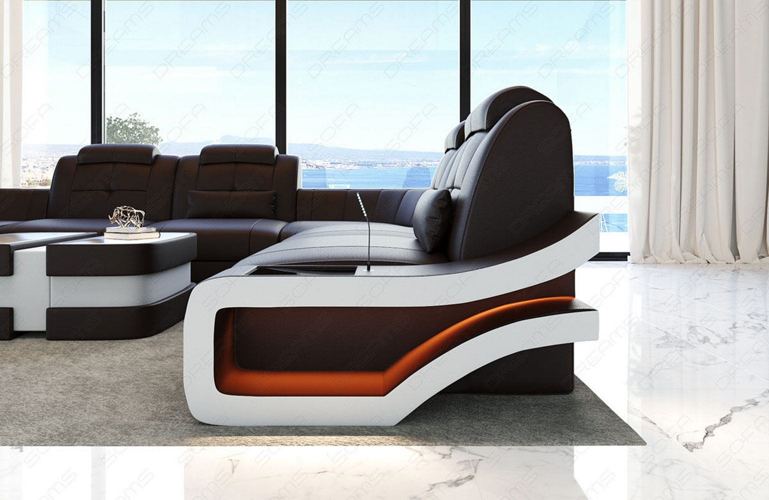Leder Wohnlandschaft Elena U Form Mini Dunkelbraun-Weiß
