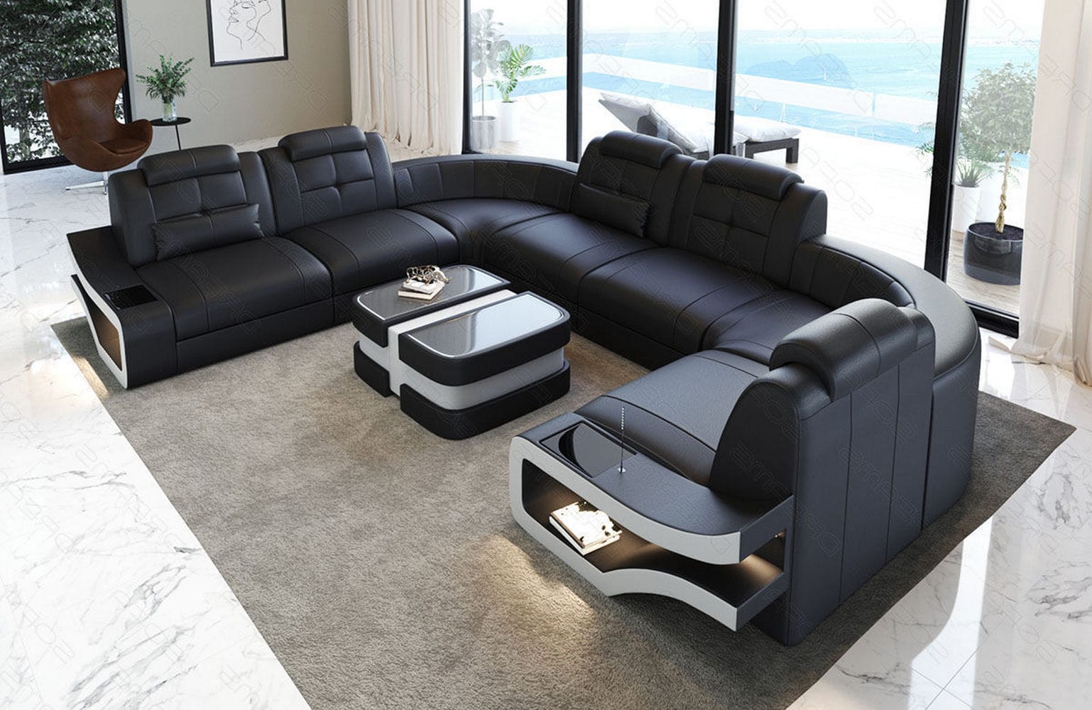 Leder Wohnlandschaft Elena U Form Mini Schwarz-Weiß