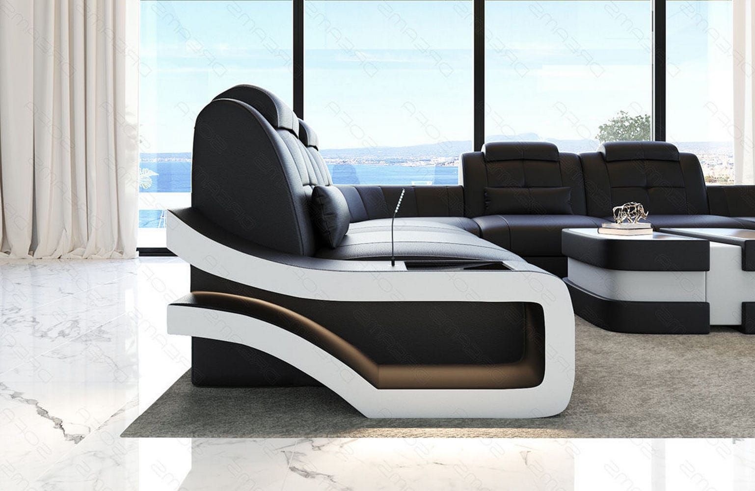 Leder Wohnlandschaft Elena U Form Mini Schwarz-Weiß