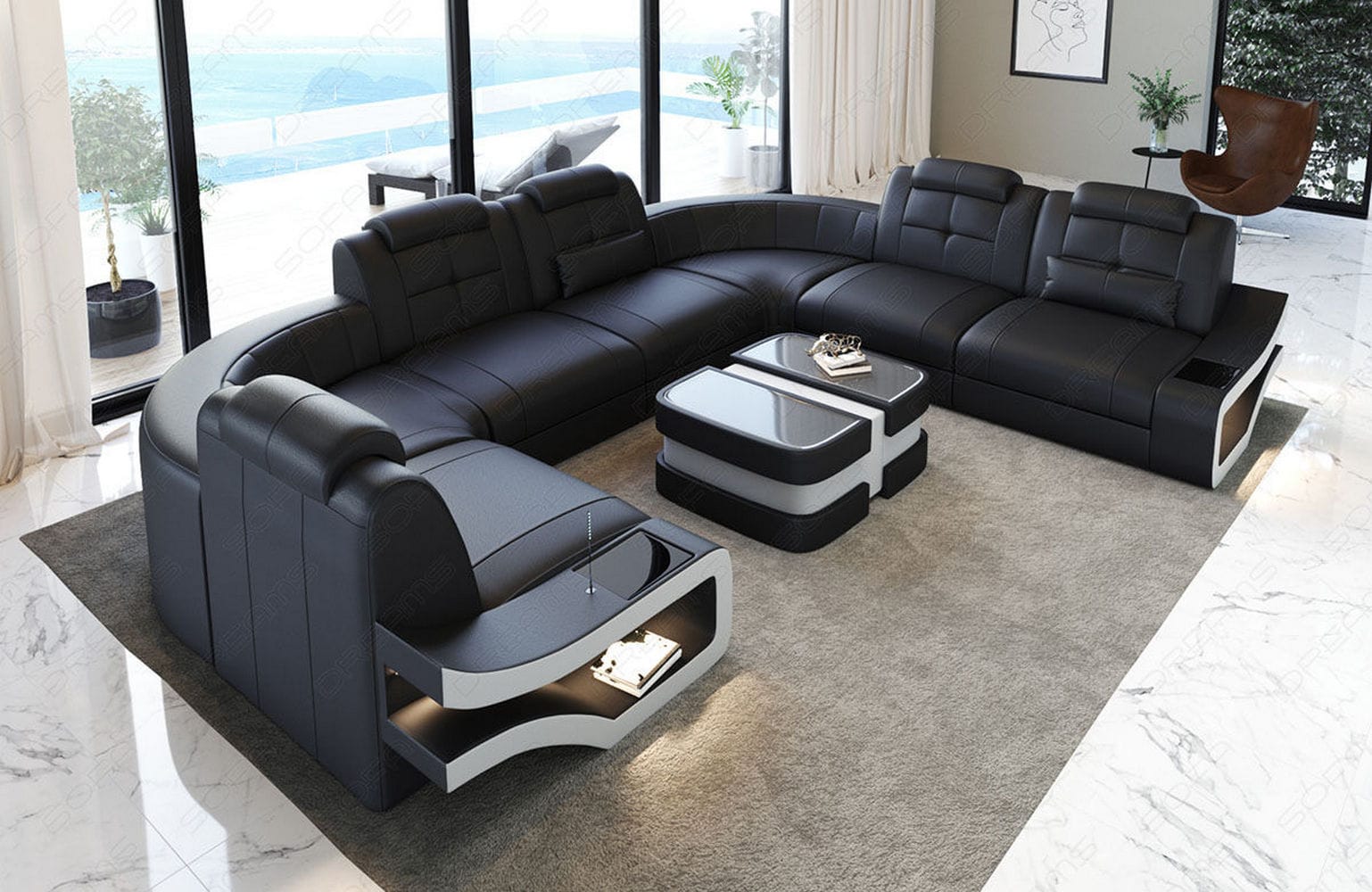 Leder Wohnlandschaft Elena U Form Mini Schwarz-Weiß