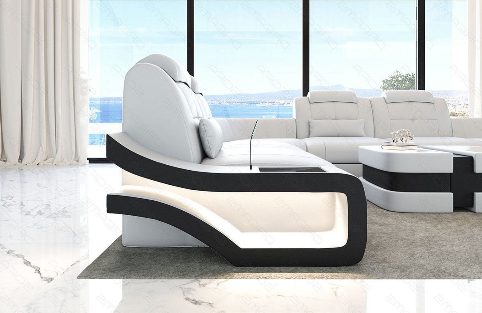 Leder Wohnlandschaft Elena U Form Mini Weiß-Schwarz