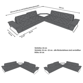 Couch Sepino L-Form in Leder weiß-schwarz