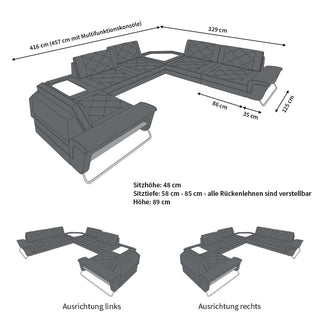 Leder Couch Sepino U-Form schwarz-weiß