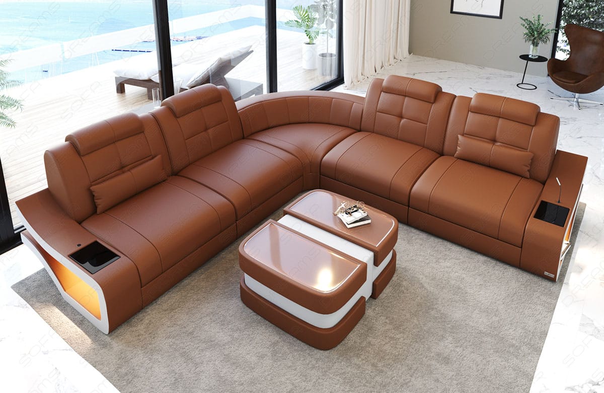 Mini Ecksofa Elena L-Form Leder hellbraun-weiss
