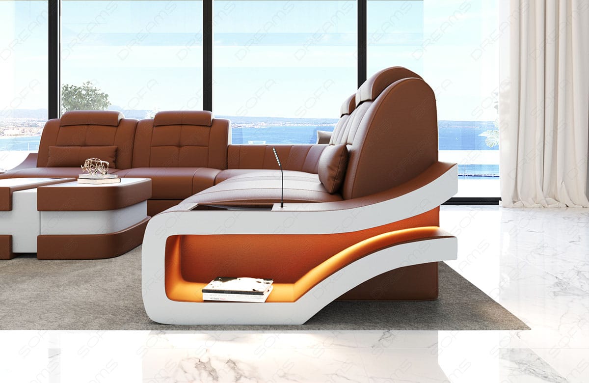 Mini Ecksofa Elena L-Form in Leder Hellbraun-Weiss