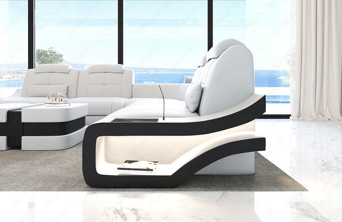 Ecksofa Elena Lang L-Form aus Leder weiss-schwarz