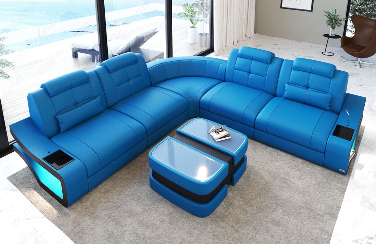 Ledersofa Elena L-Form Lang – Komfort & Stil blau-schwarz