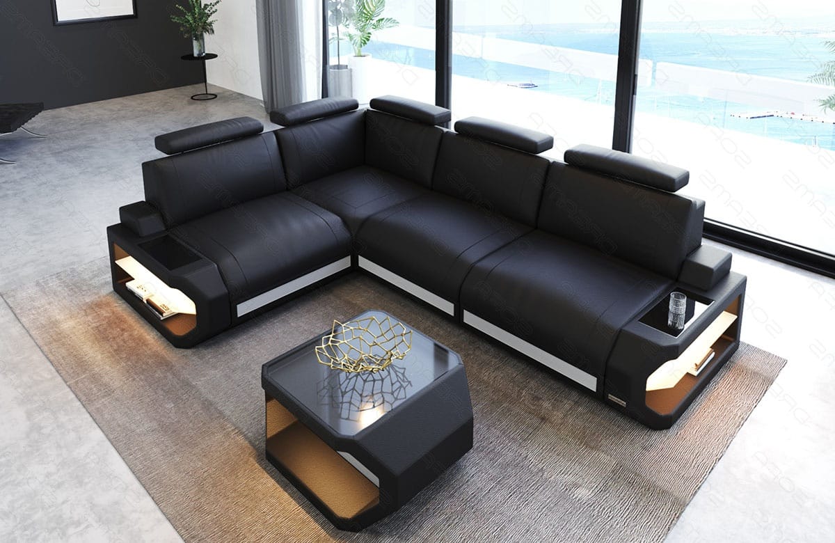 Couch Siena L-Form in Leder schwarz-weiß
