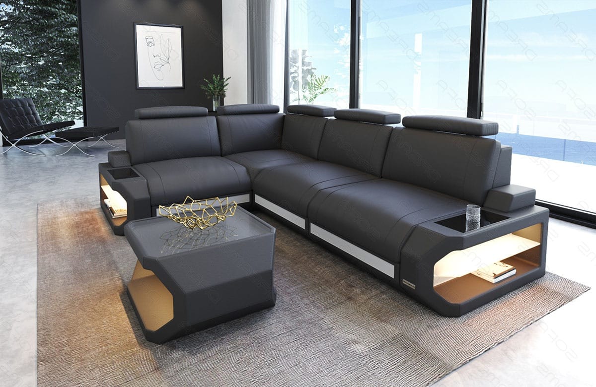 Couch Siena L-Form in Leder grau-weiß