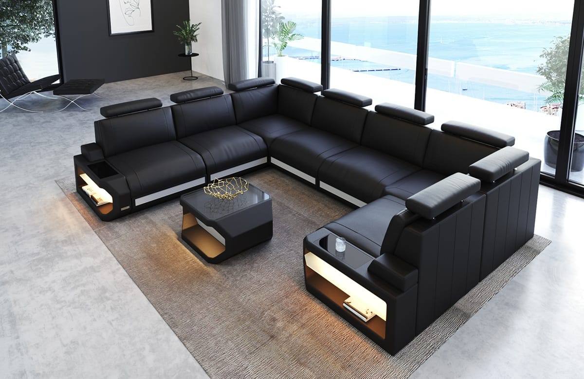 Designsofa Siena U-Form aus Leder schwarz-weiß