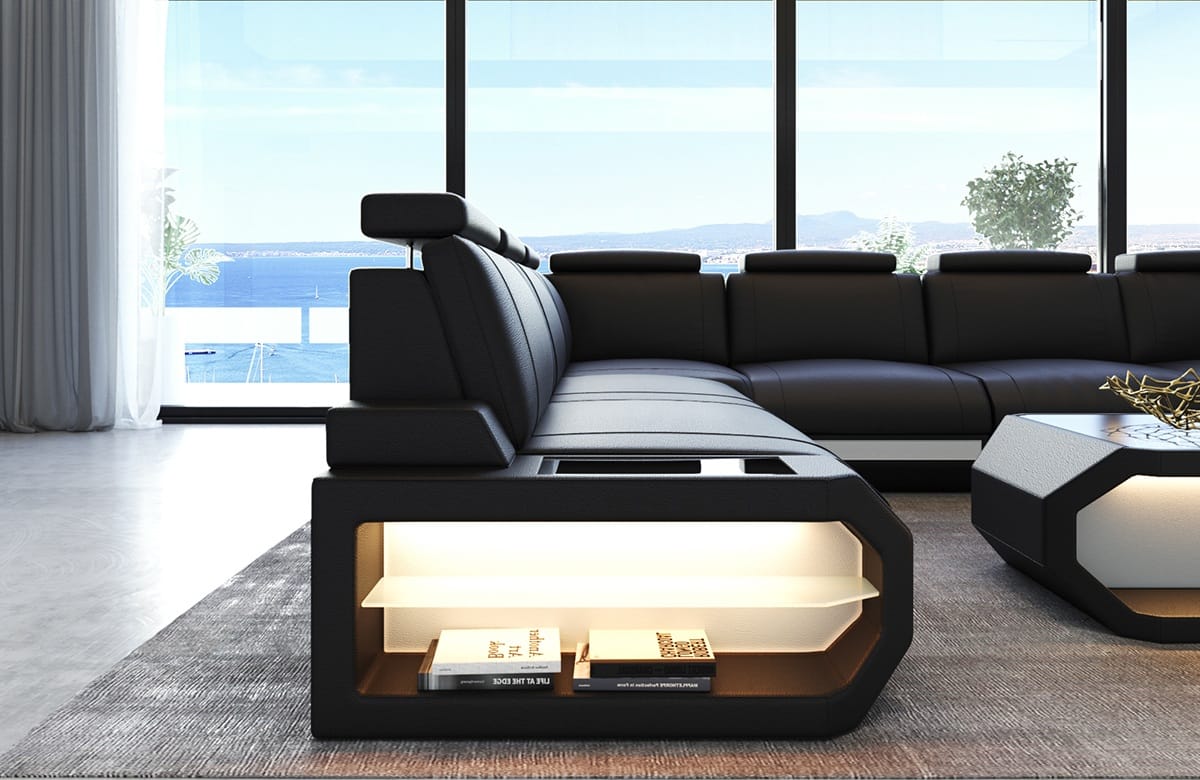 Designsofa Siena U-Form aus Leder schwarz-weiß