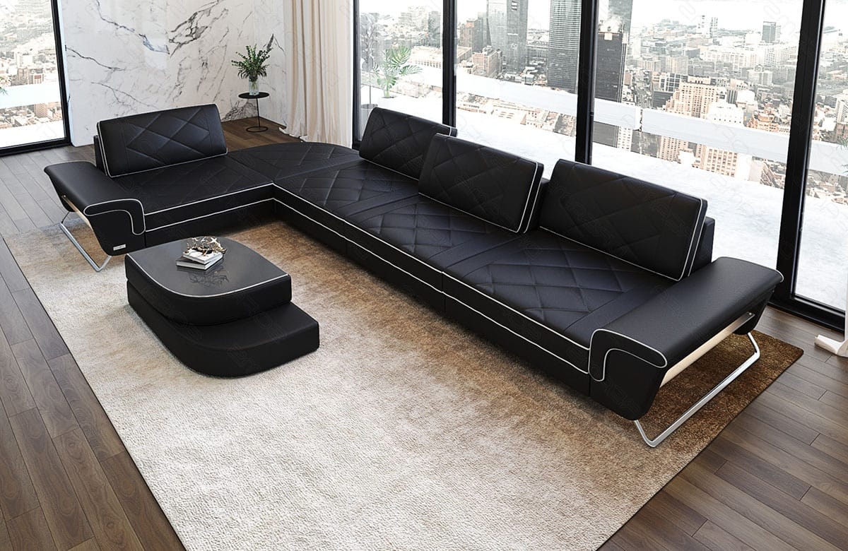 Couch Rotello L-Form in Leder schwarz-weiß