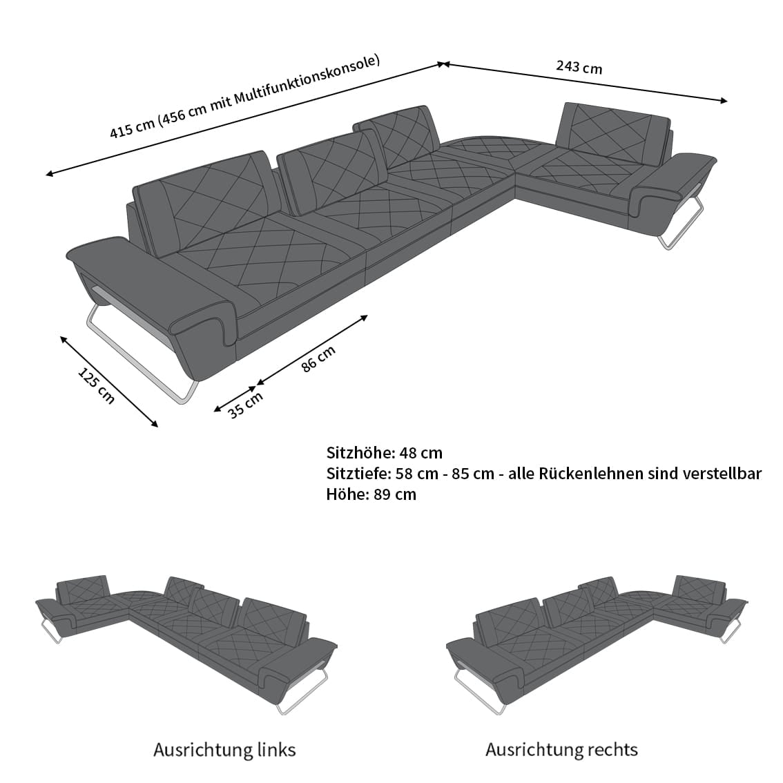 Couch Rotello L-Form in Leder schwarz-weiß
