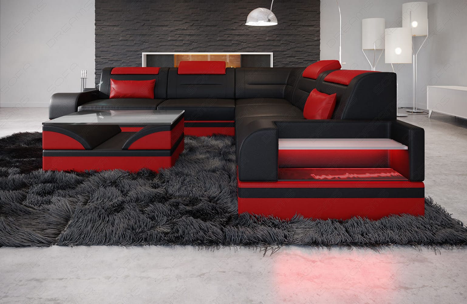 Mini Ecksofa Trivento – Leder Sofa für dein Zuhause Schwarz-Rot