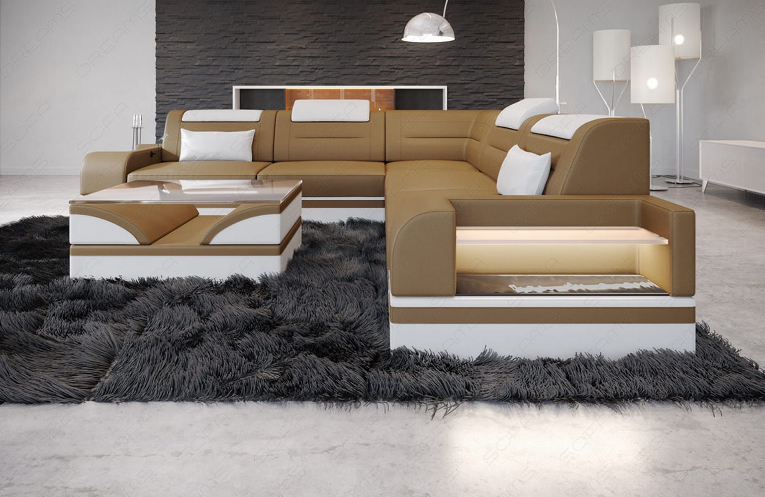 Mini Ecksofa Trivento – Leder Sofa für dein Zuhause Sandbeige-Weiß