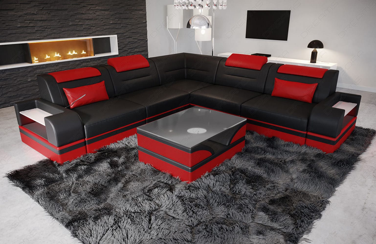 Mini Ecksofa Trivento – Leder Sofa für dein Zuhause Schwarz-Rot