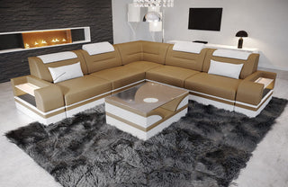 Mini Ecksofa Trivento L-Form in Leder Sandbeige-Weiß