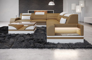Mini Ecksofa Trivento L-Form in Leder Sandbeige-Weiß