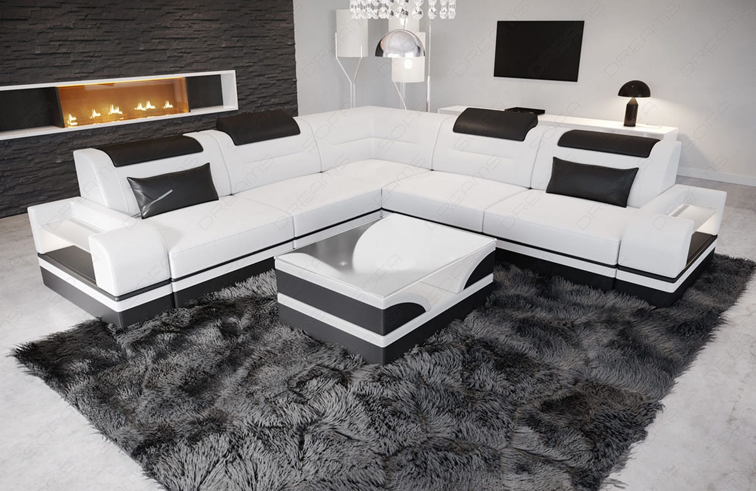 Mini Ecksofa Trivento – Leder Sofa für dein Zuhause Weiß-Schwarz