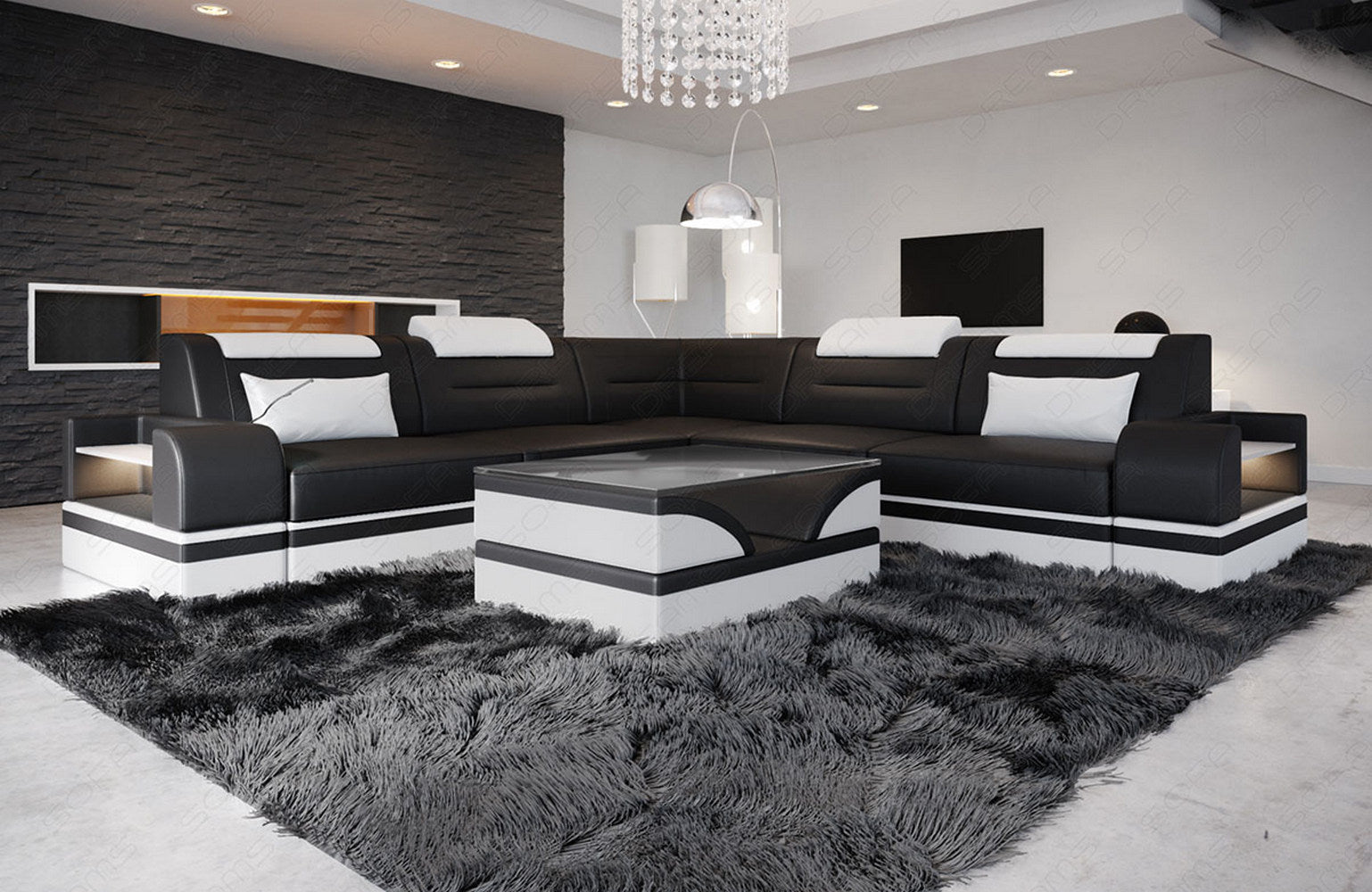 Ecksofa Trivento aus Leder schwarz-weiß