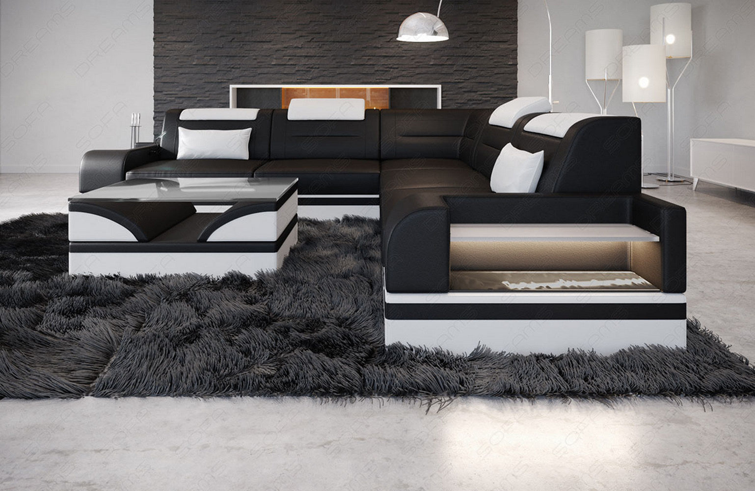 Ecksofa Trivento aus Leder schwarz-weiß