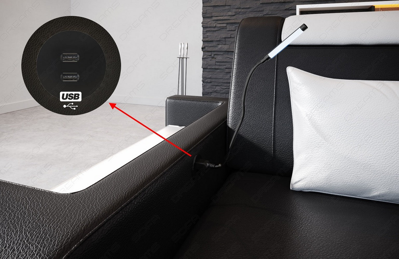 Ecksofa Trivento aus Leder schwarz-weiß