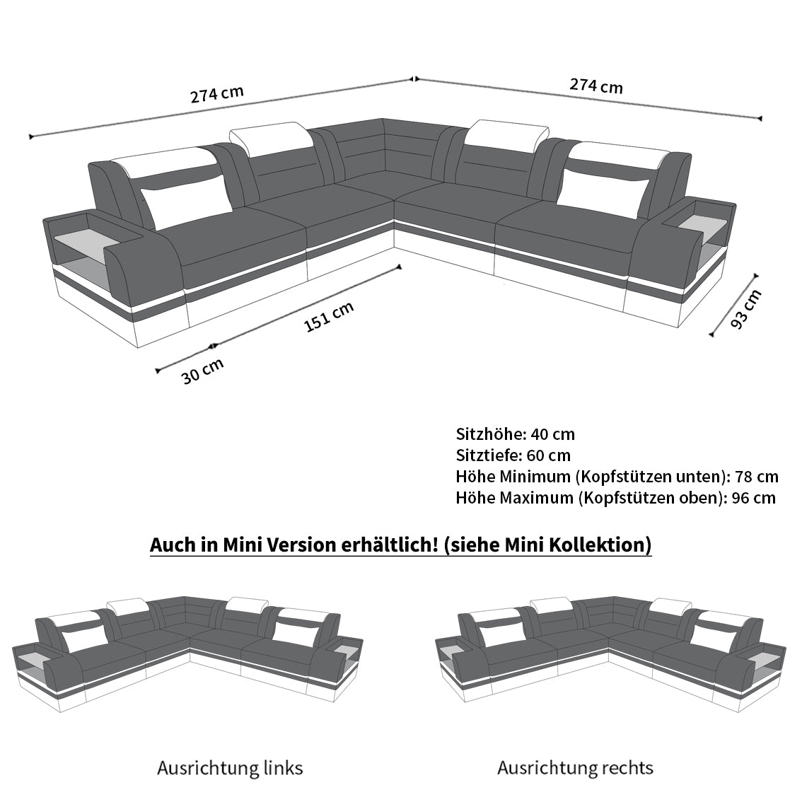 Ecksofa Trivento aus Leder schwarz-weiß
