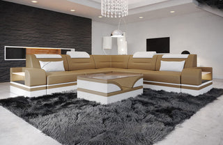 Ecksofa Trivento L-Form aus Leder sandbeige-weiß